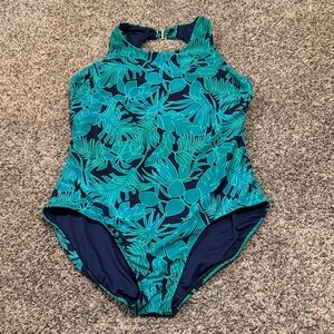 Lands' End Teal and Navy Tropical Print One-Piece Swimsuit Size XL